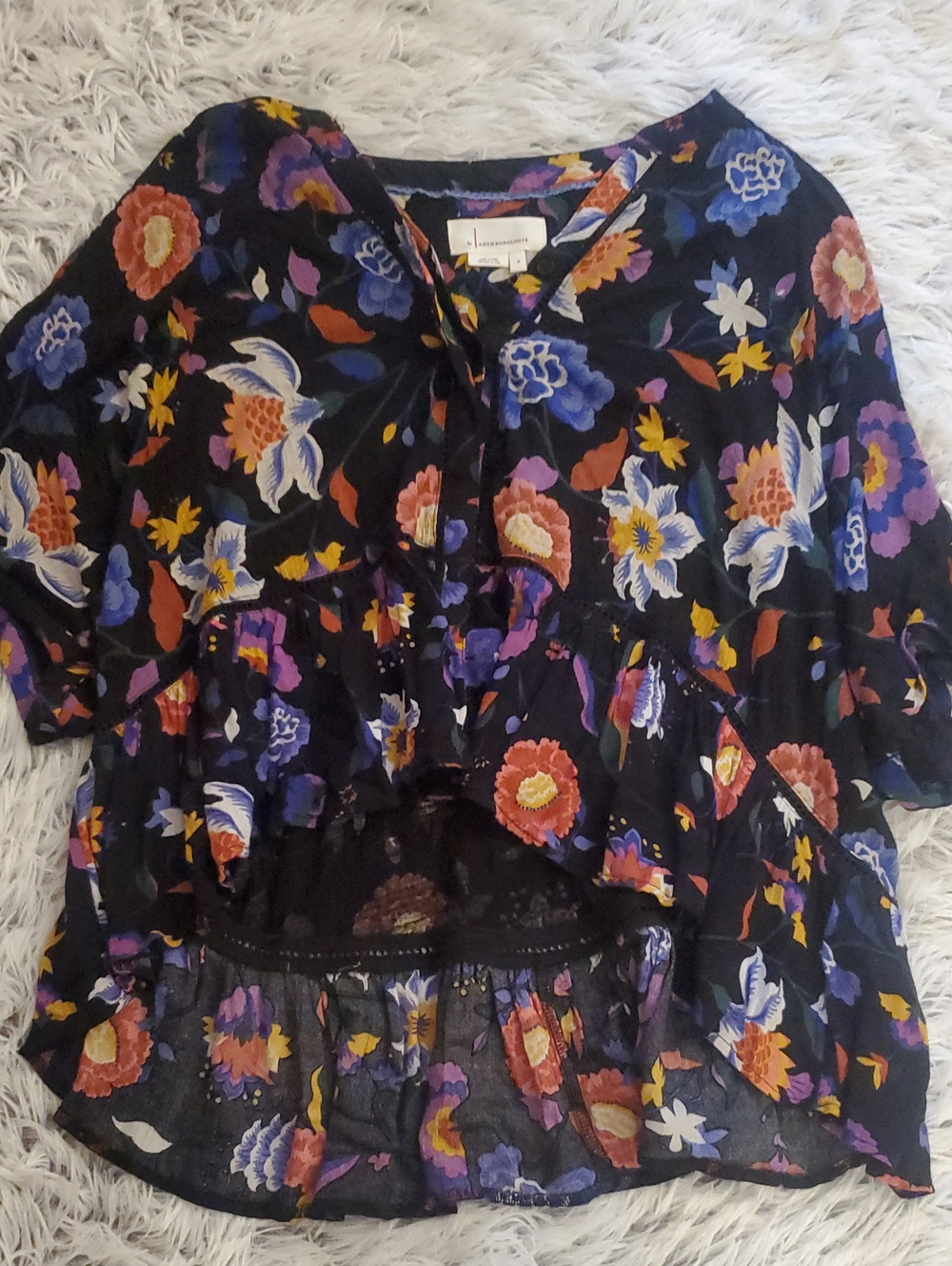 *Anthropologie Black Floral Ruffle Tie-Front Blouse*